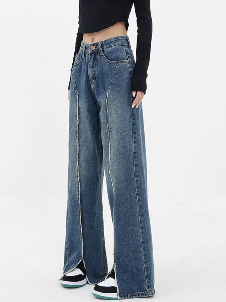 High Waist Slit Of Design Ladies Loose Jeans 2000s Aesthetic Fashion Pants Basic Blue Quality Cotton Wide Leg Trousers For Women